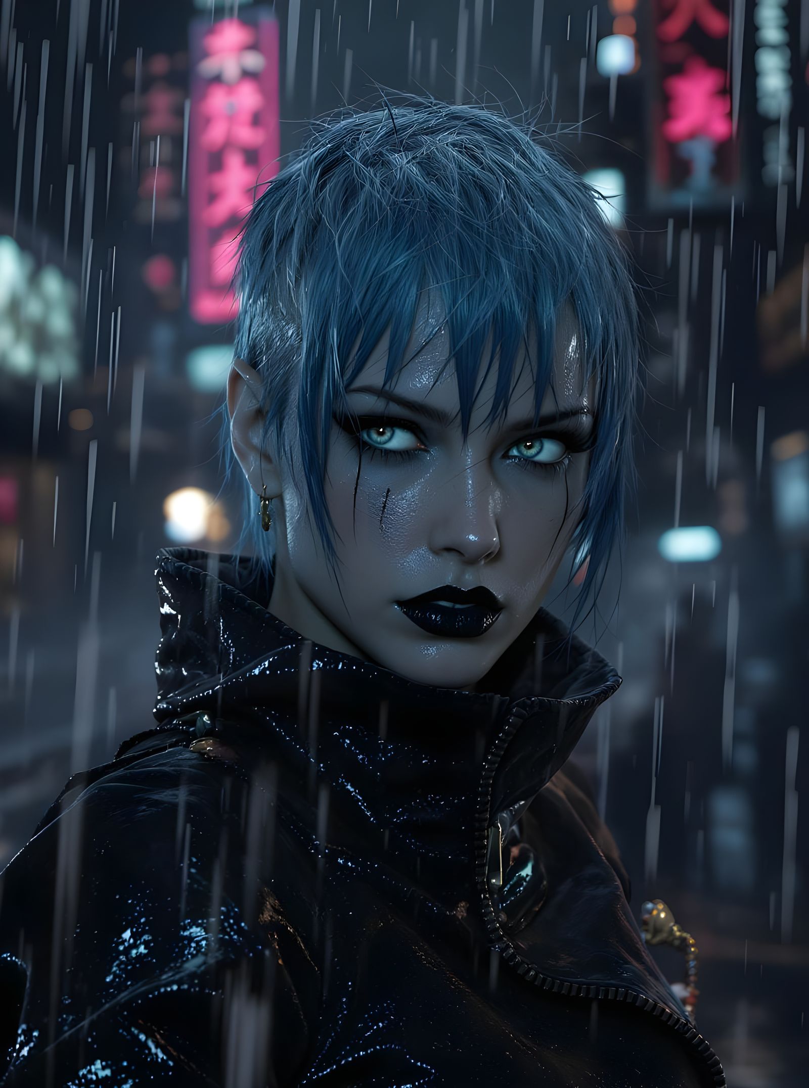 Cyberpunk Portrait with Wet Hair and Cityscape
