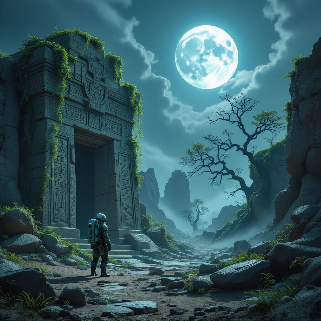 Alien Ruin Under Twin Moons, Hyperrealistic Sci-Fi Art