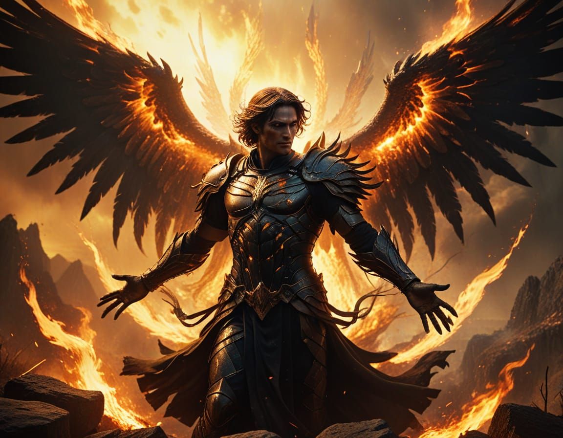 Archangel Battles Demons in Hellish Landscape