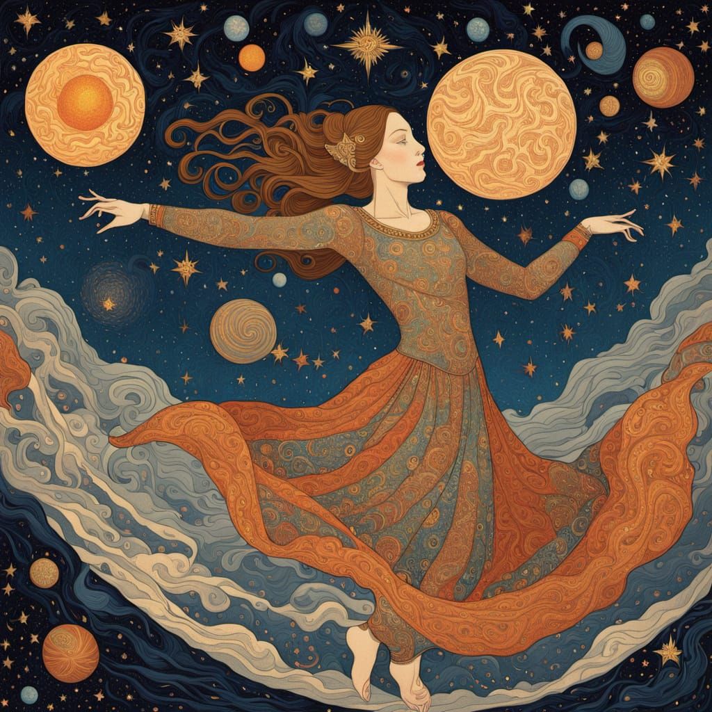 Surrealist dance performance. A lone astronaut dances among the stars, surrounded by celestial bodies and glowing nebula...