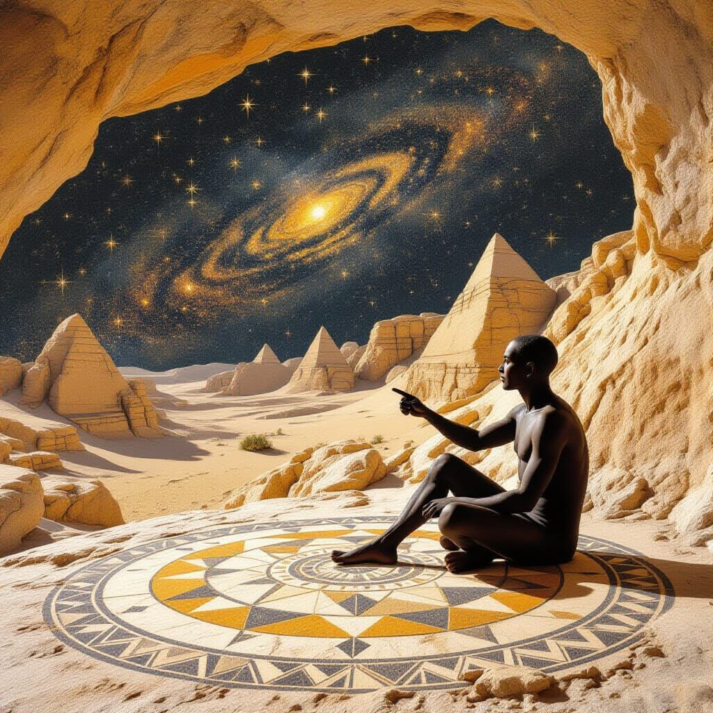 Ancient Cave Art: Human Figure Points to Starry Sky