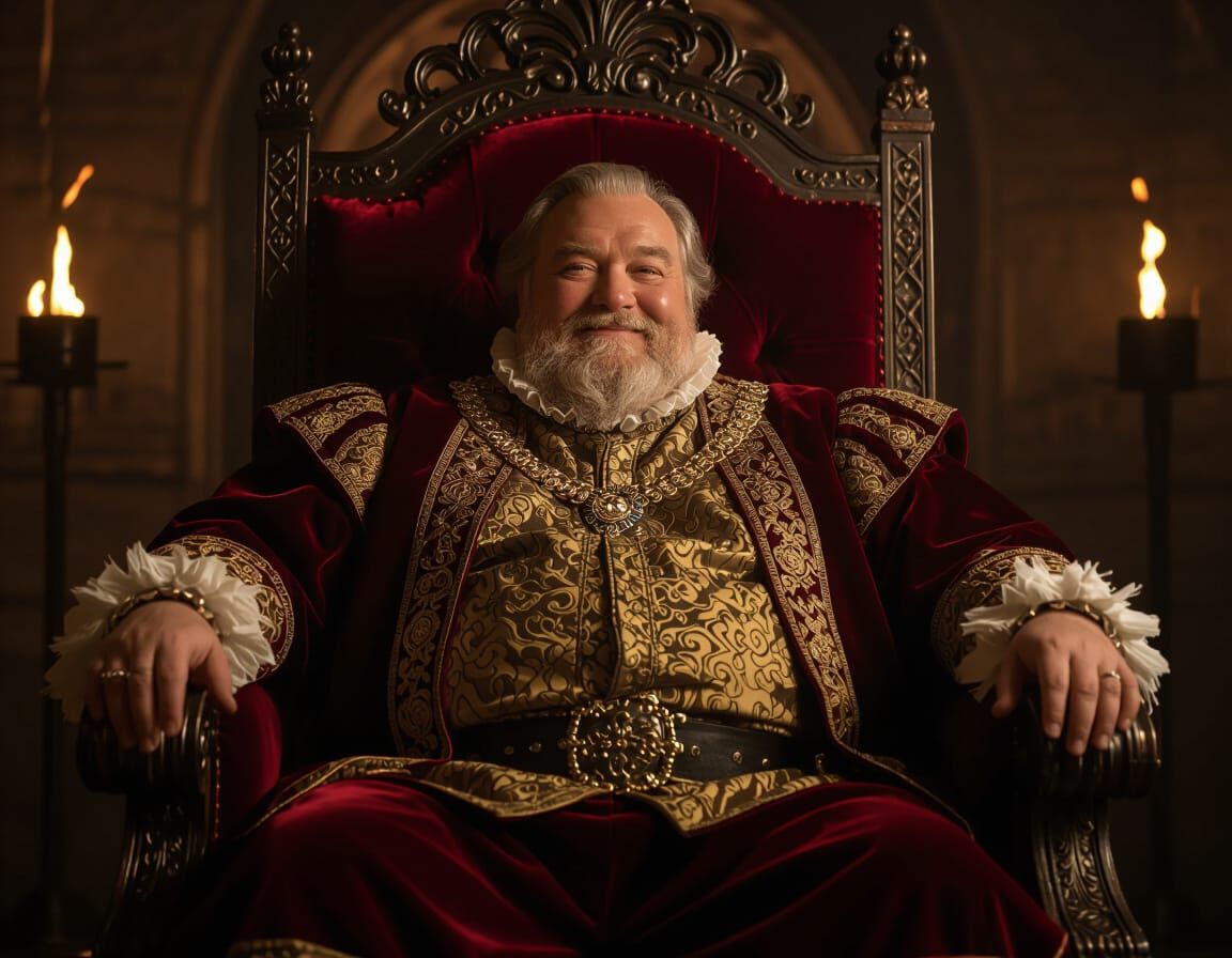 Jovial King on Velvet Throne in Medieval Splendor