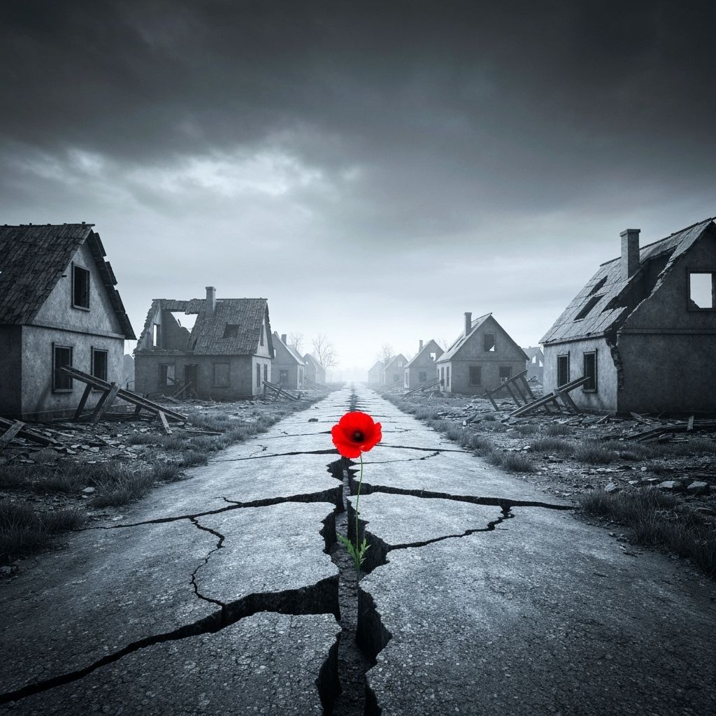 Hope Amidst Ruin: Red Poppy in Black and White Village