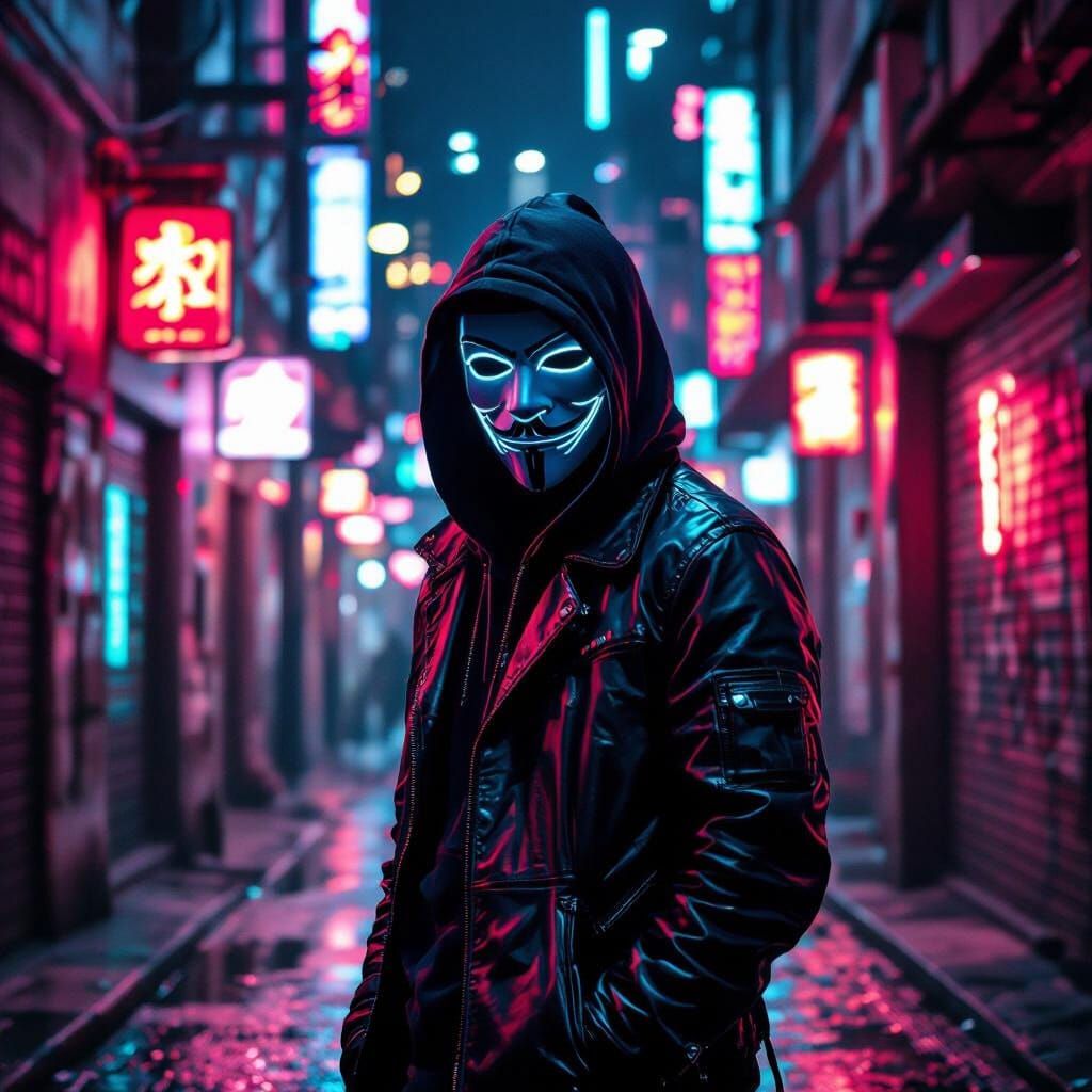 Cyberpunk Hacker in Neon Alleyway