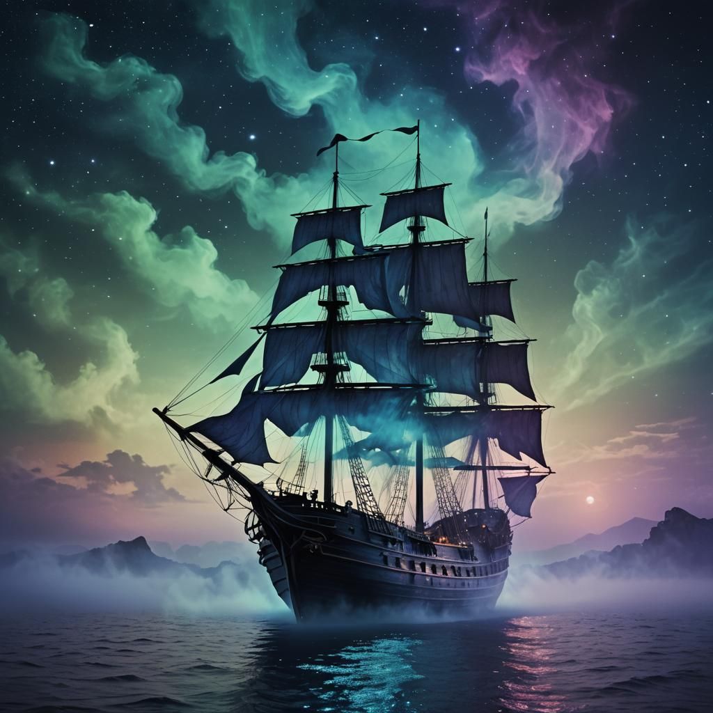 Ghost Ship Sailing on Night Ocean: Digital Art
