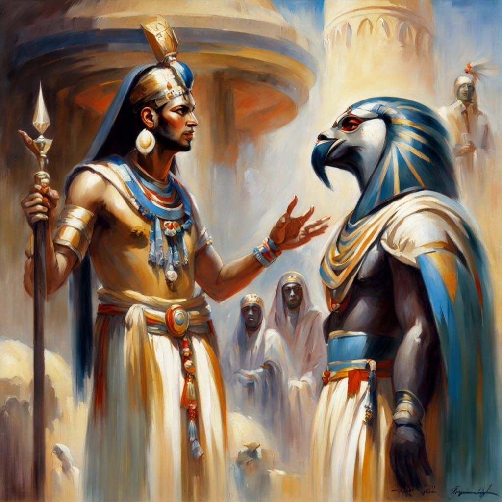 Egyptian Gods in Whimsical Conversation, Impressionist Oil P...