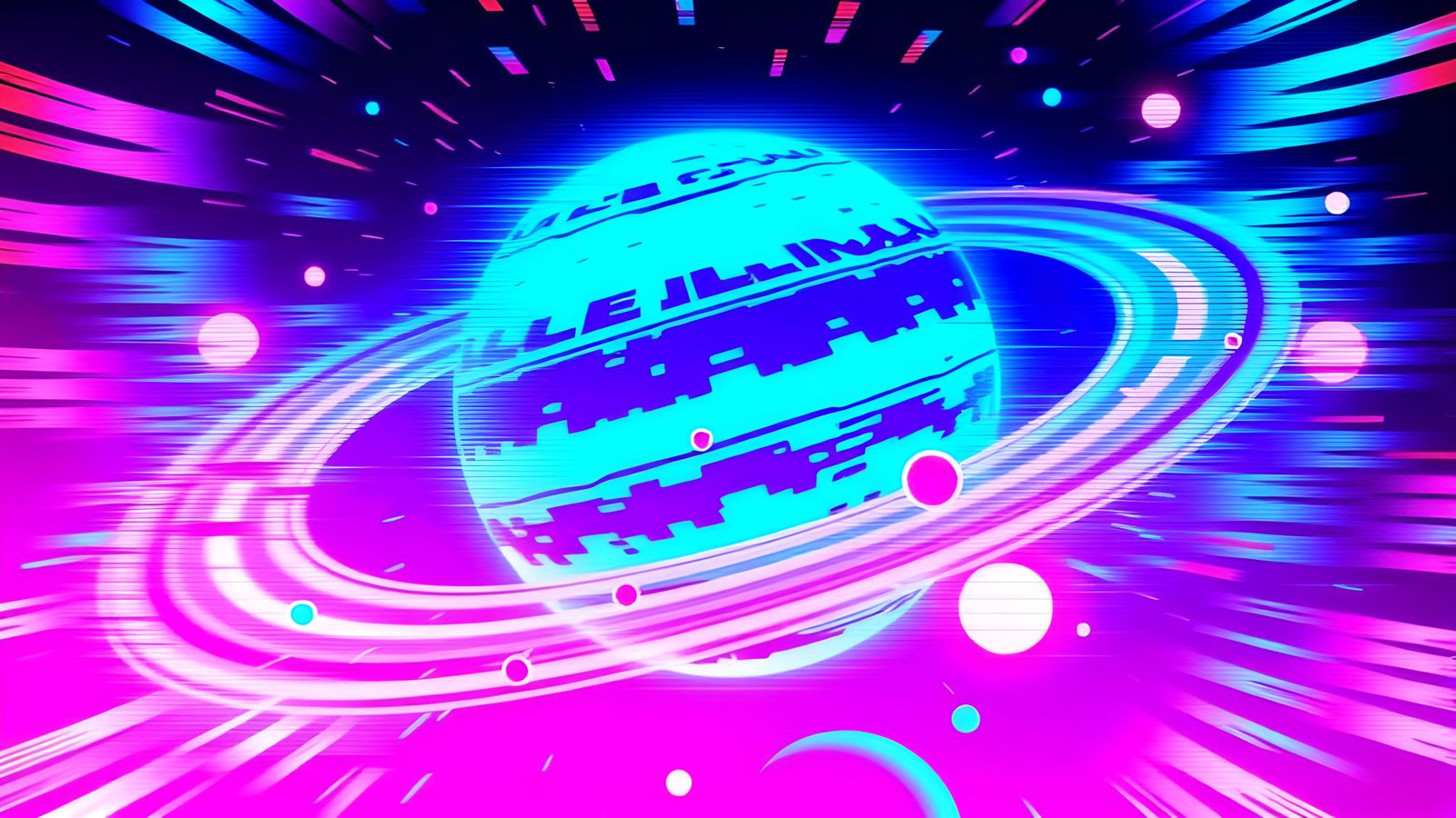 Glitched 8-Bit Solar System in Synthwave Style