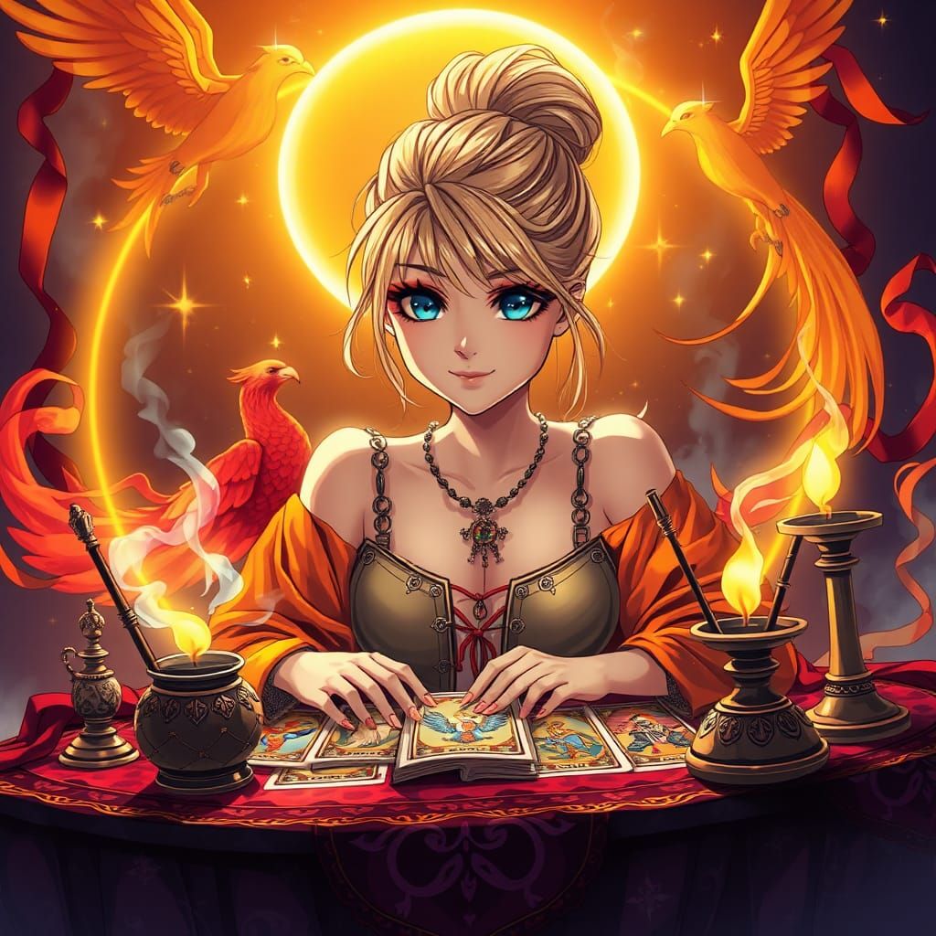 Anime-Style Tarot Reader Surrounded by Mystical Objects