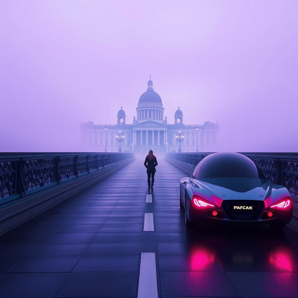 Futuristic Saint-Petersburg Palace Bridge in Purple Fog