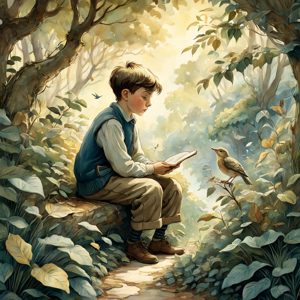 Whimsical Boy Listens to Bird's Song amidst Lush Foliage in...