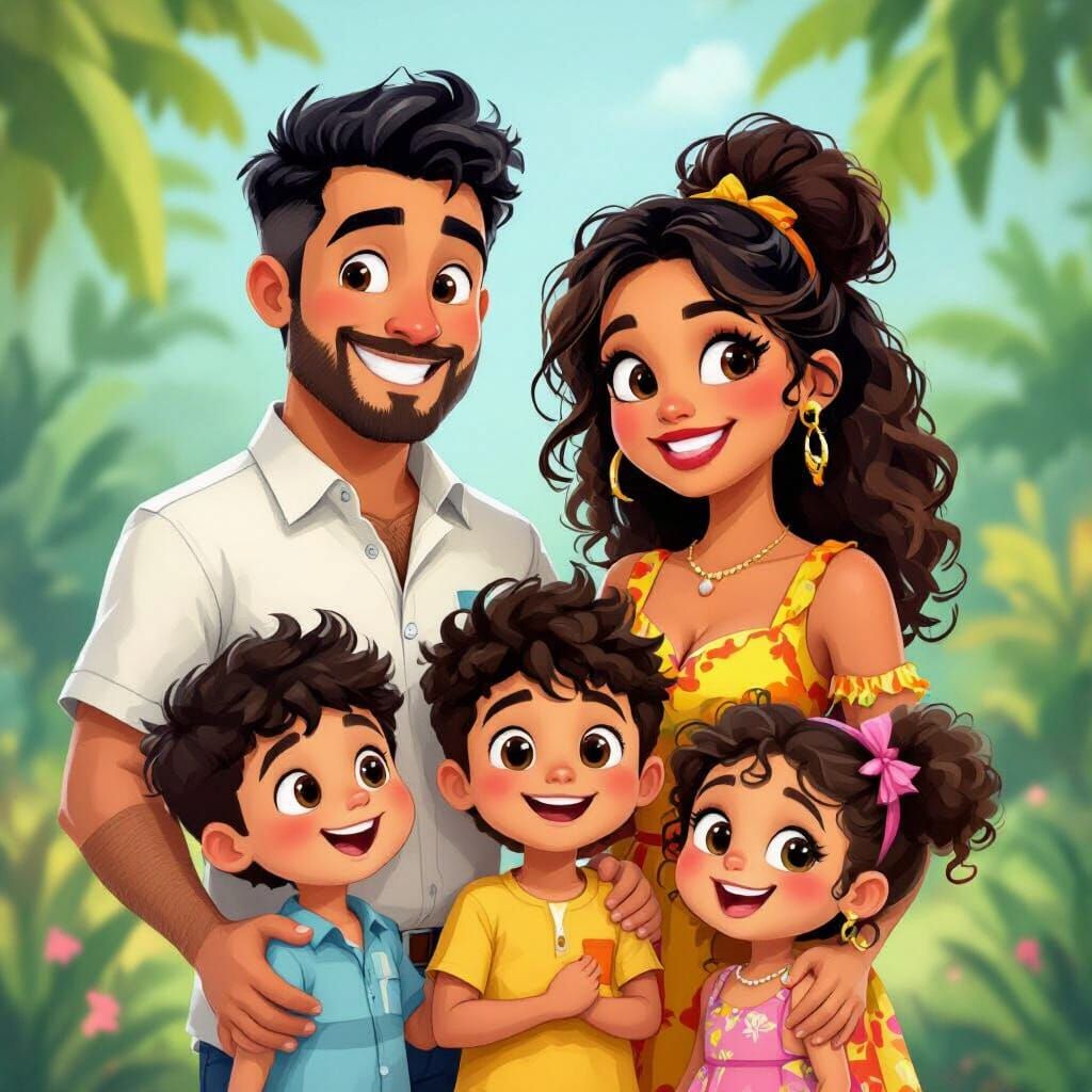 Dominican Cartoon Family in Vibrant Colors
