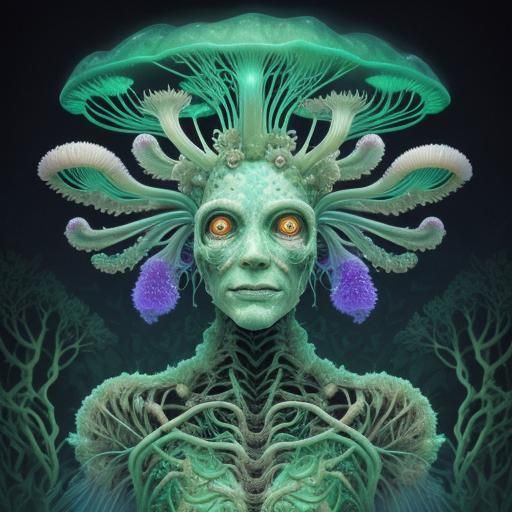 Body Horror Cyborg with Bioluminescent Fungi