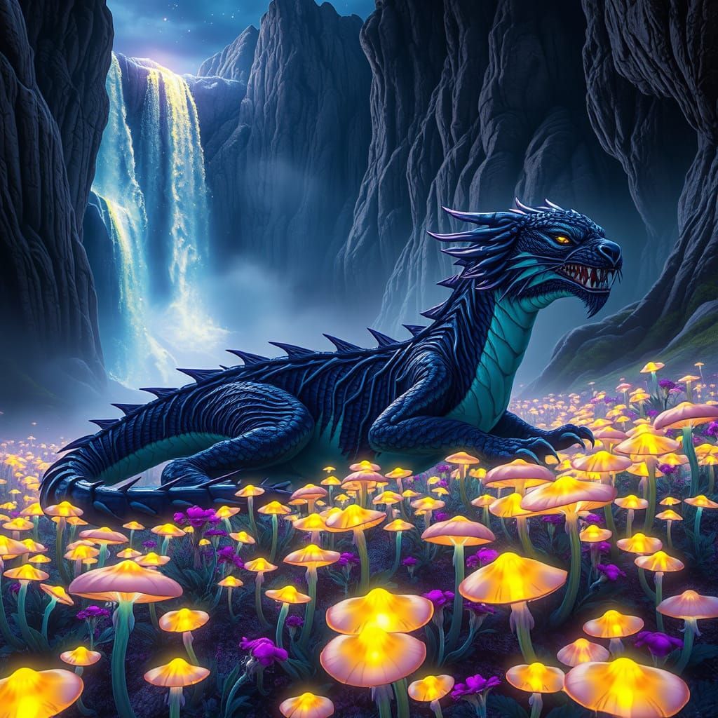 Majestic Sabertooth Tiger Dragon in a Psychedelic Mushroom P...