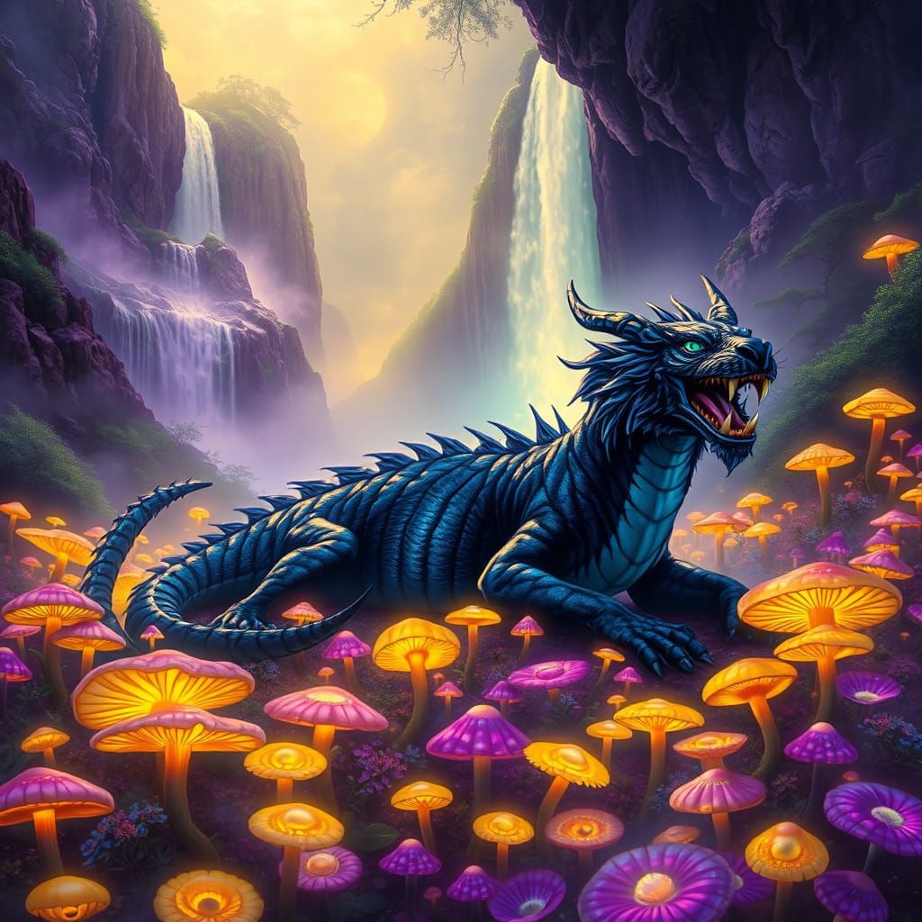 Majestic Sabertooth Tiger Dragon in a Psychedelic Mushroom P...