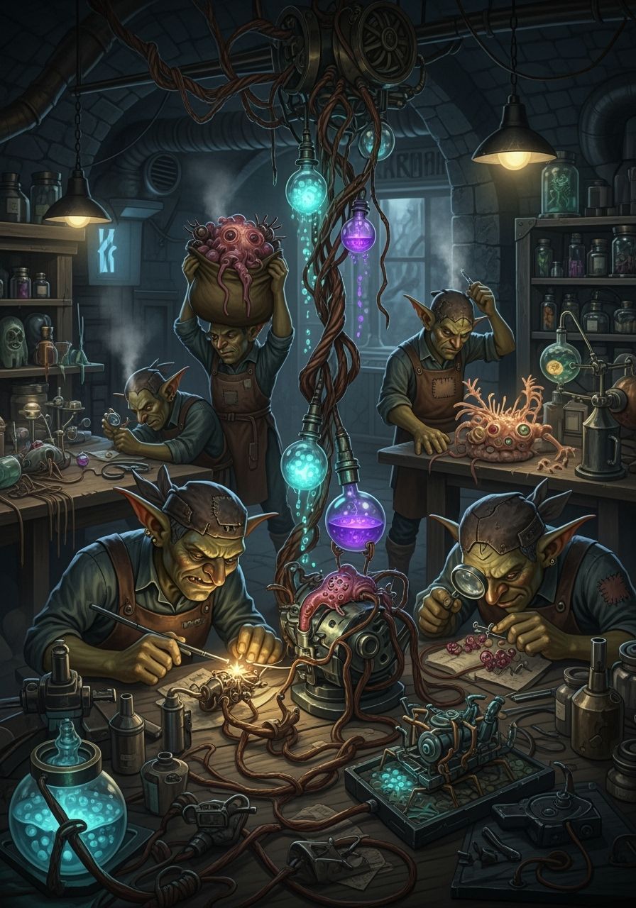 Goblins Building Biopunk Contraption in Workshop