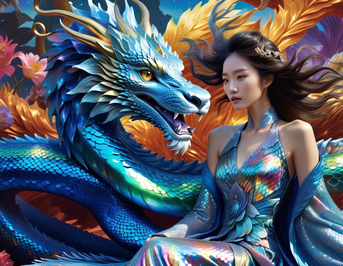 Fantasy Woman on Snake with Dragon and Lion