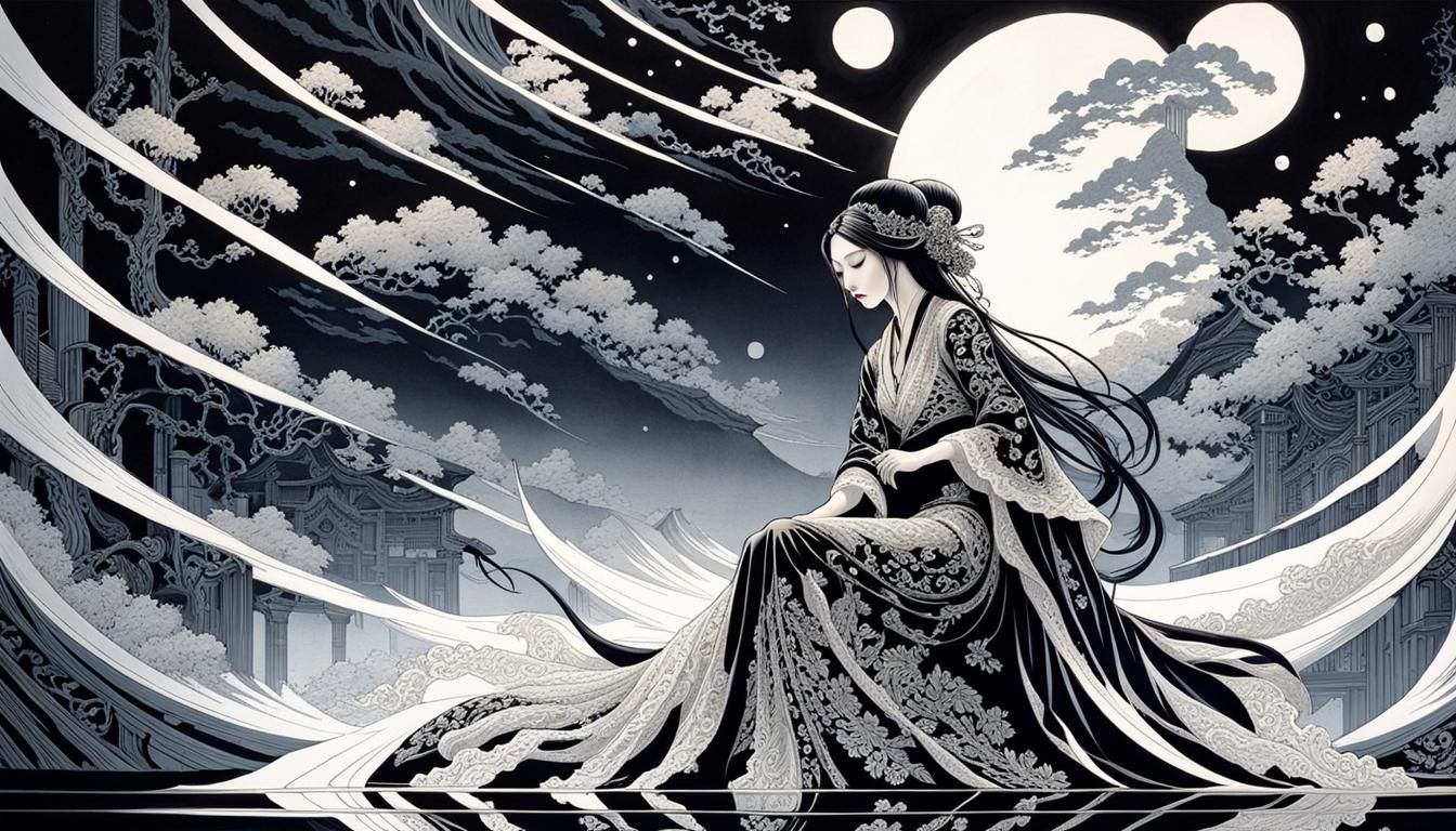 Bioluminescent Retropunk Japanese Maiden in Ukiyo-e Style