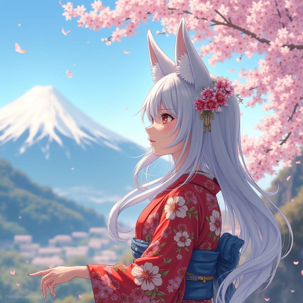 Kemonomimi Foxgirl in Kimono, Anime Style