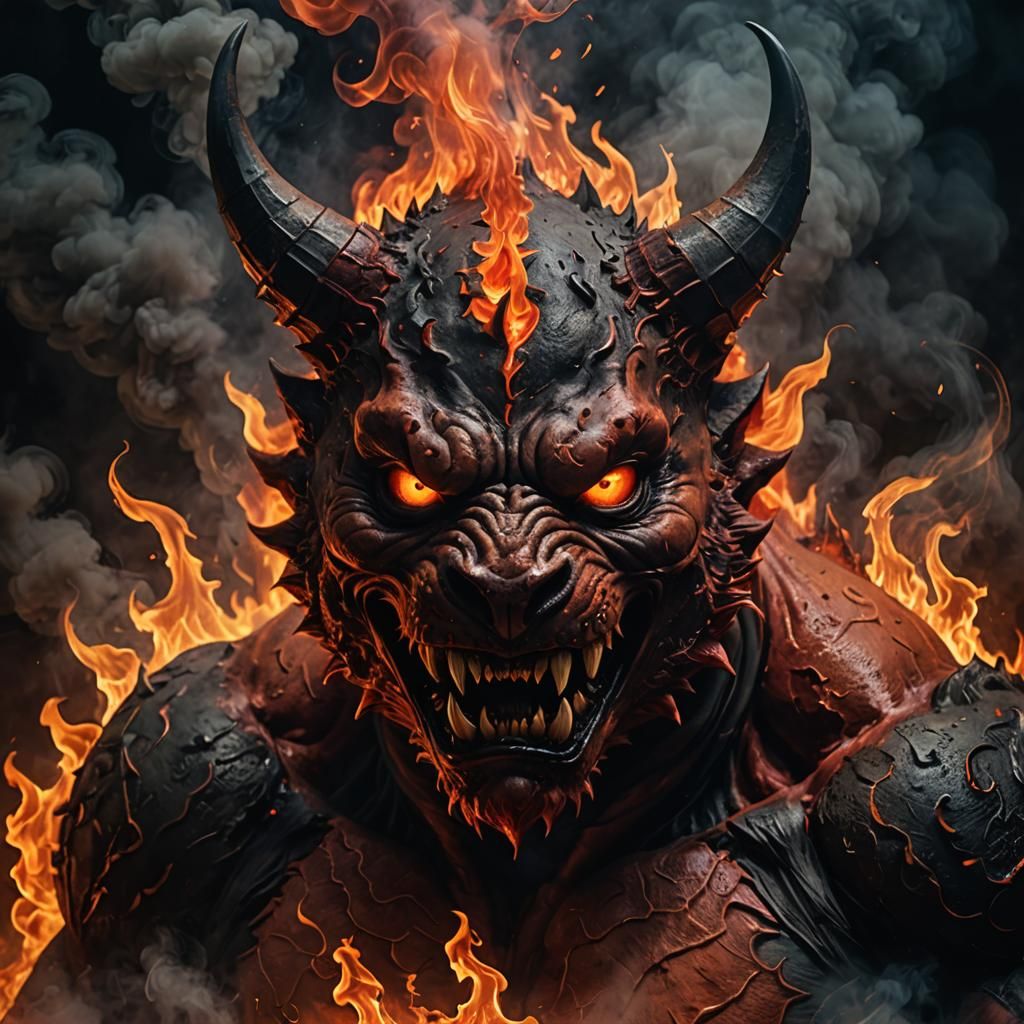 Cinematic Macabre Art: Red Devil Head in Smoke