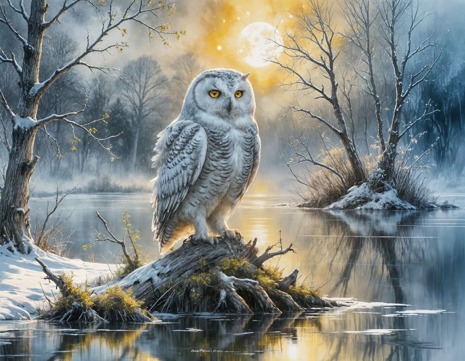 Ghostly Snowy Owl on Frozen Lake Under Moonlight