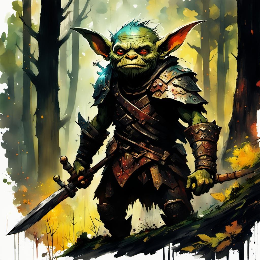Goblincore Warrior in Forest, Impressionist Gouache Style