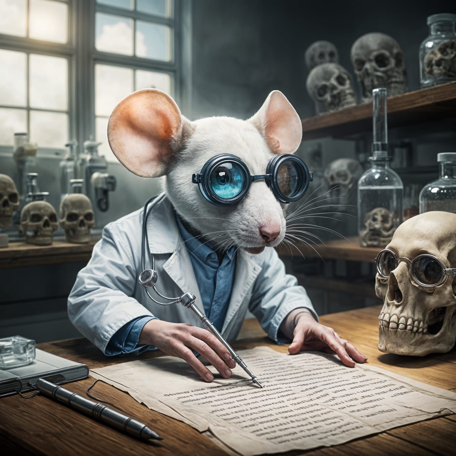Mouse Scientist Studies Human Remains: Hyperrealistic Art