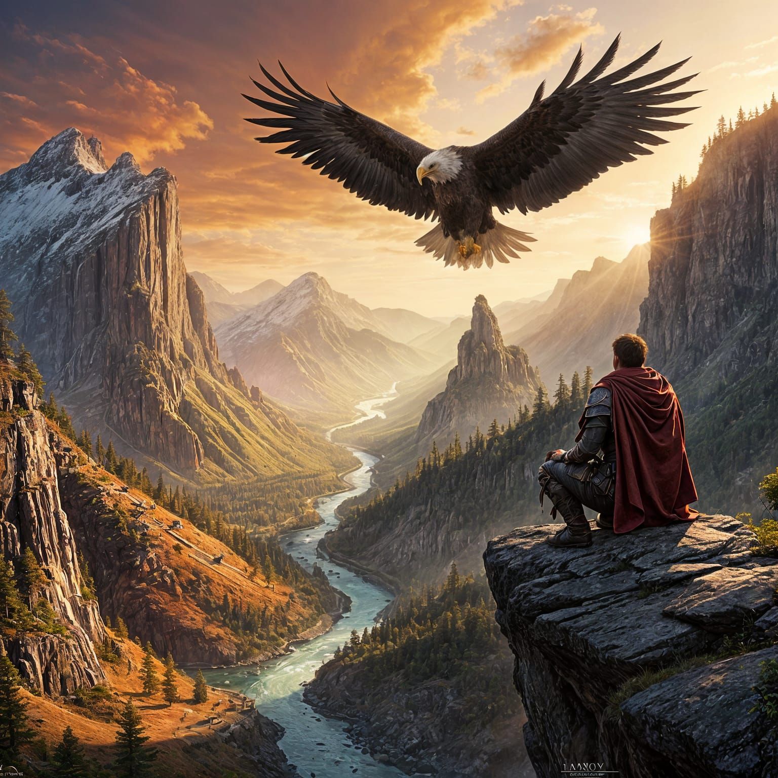Hero on Eagle's Back Sees Mountain Landscape at Sunset