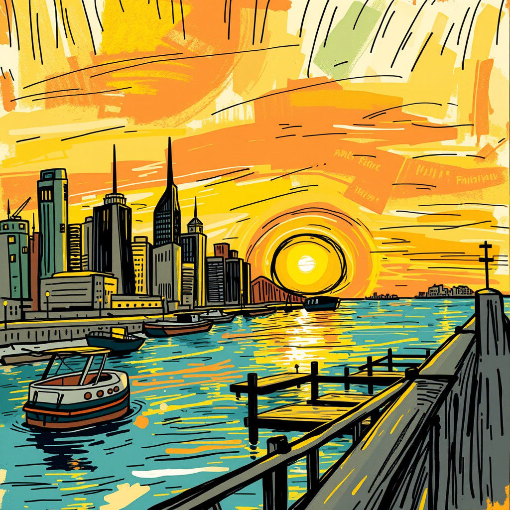 Whimsical Metropolis at Sunrise in Post-Impressionist Style