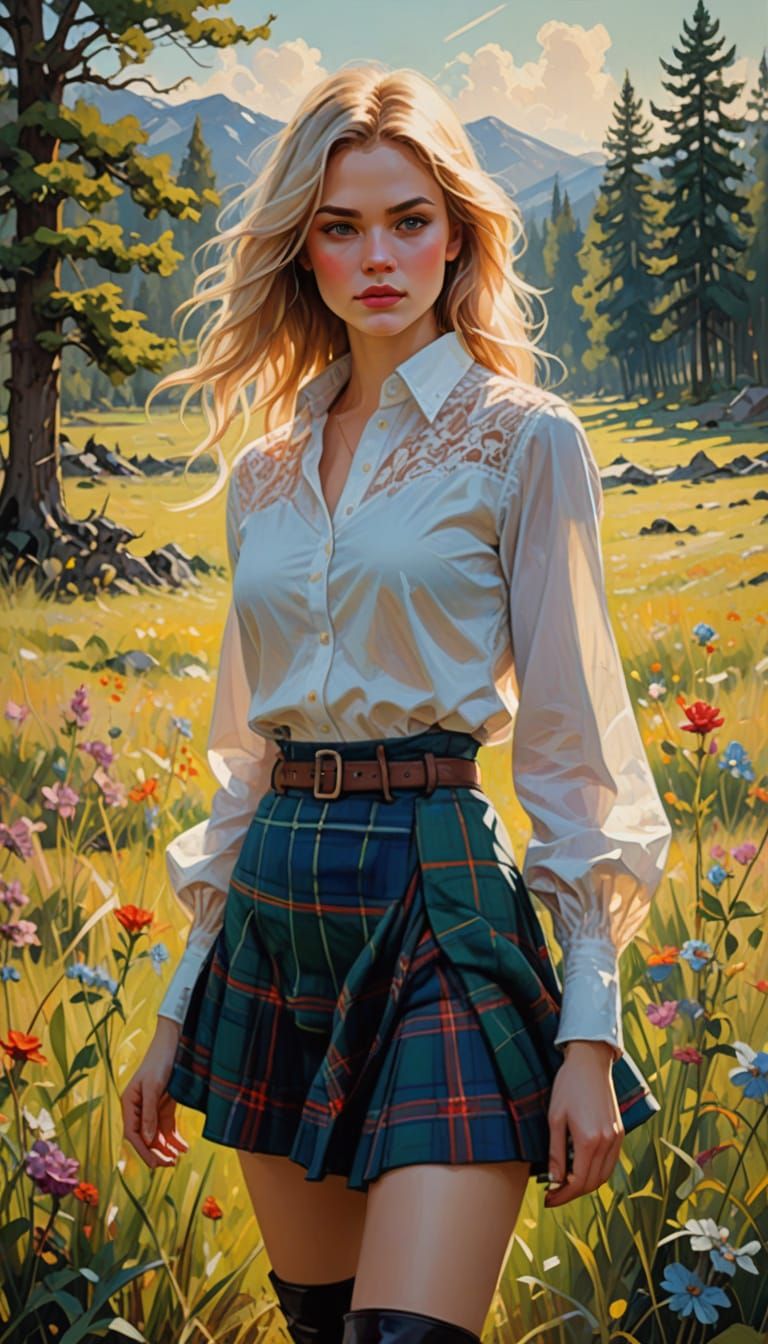 Ethereal Blonde in Sunlit Meadow, Expressive Oil Painting