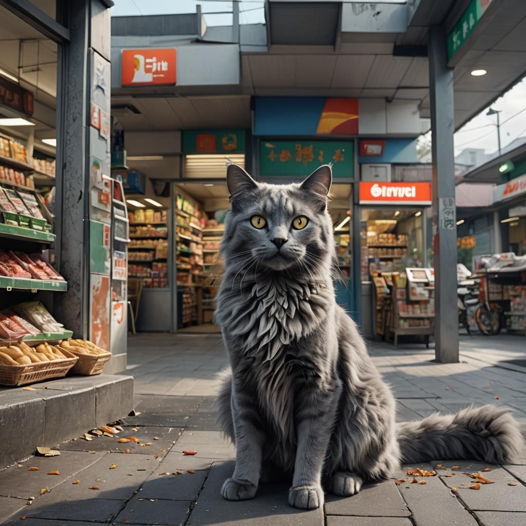 Nebelung Cat at 7-Eleven: Detailed Matte Painting
