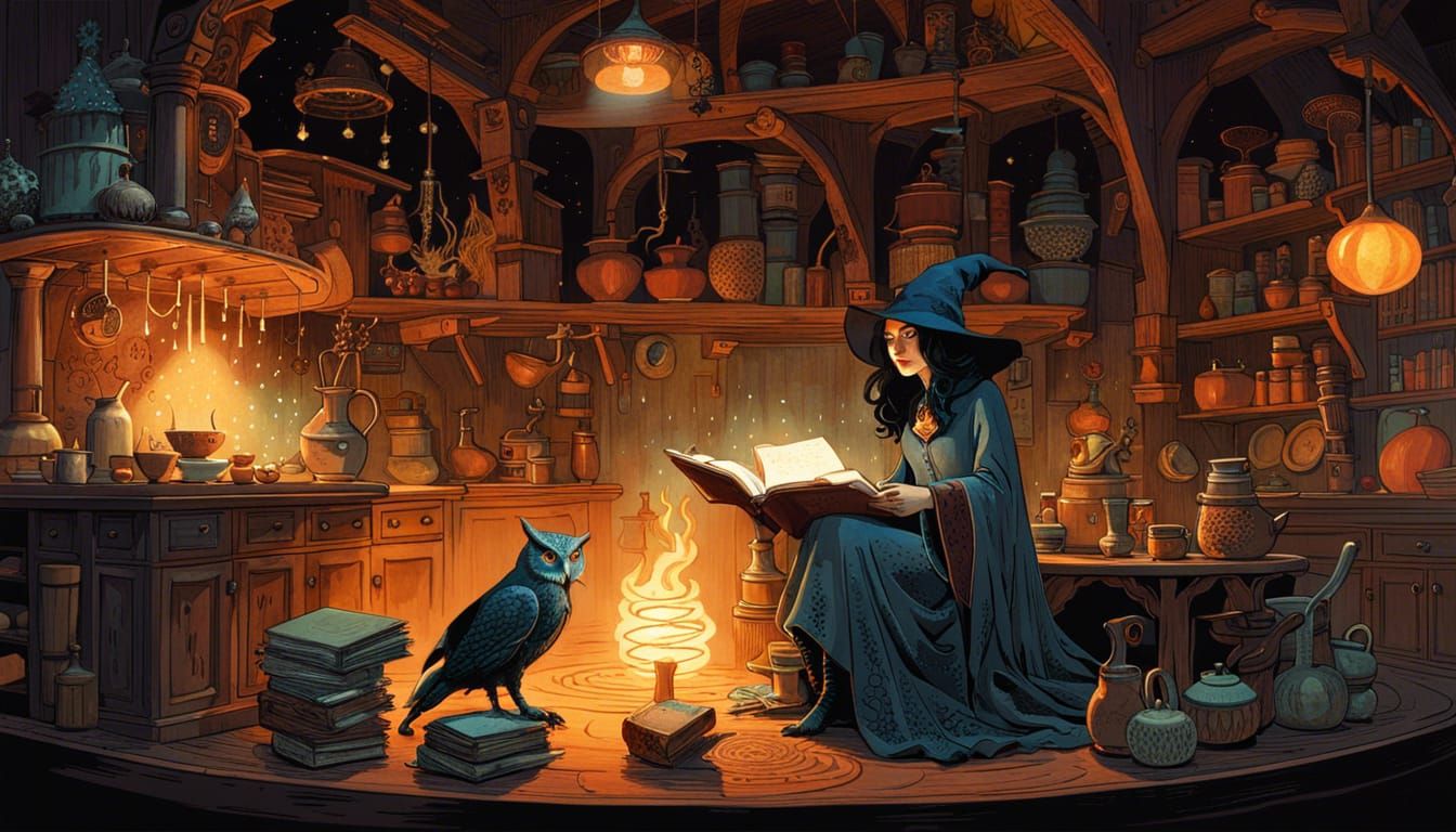 Digital Watercolor Witch Reads Magic Book