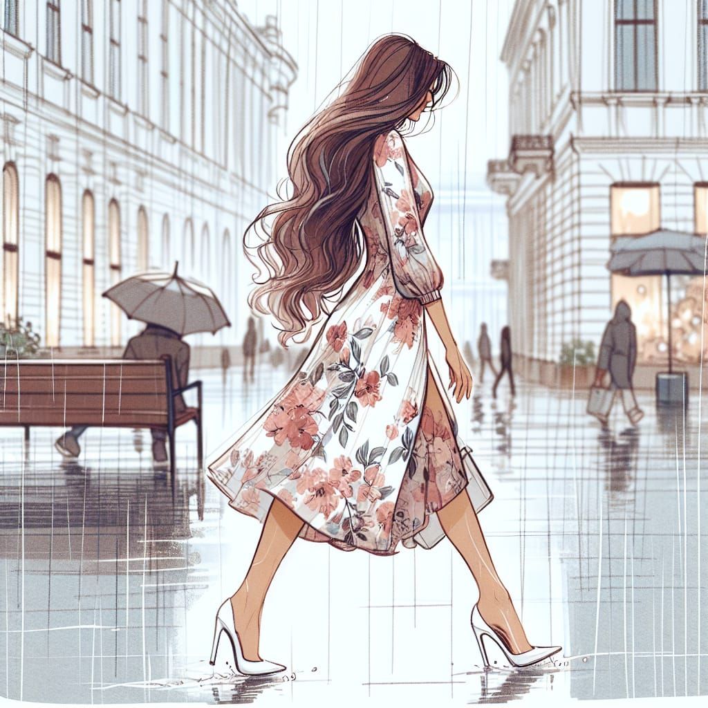 Woman in Floral Dress Strolling in Rain