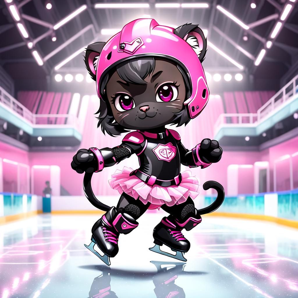 Adorable Chibi Panther Ice Skating in Pink Tutu