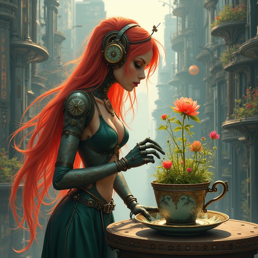 Dieselpunk Android Garden in Art Nouveau Cityscape
