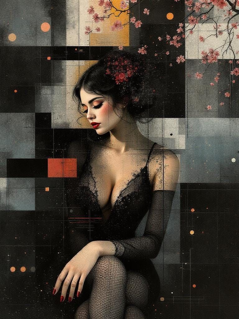 Abstract Pin-Up in Charcoal Pointillism Style