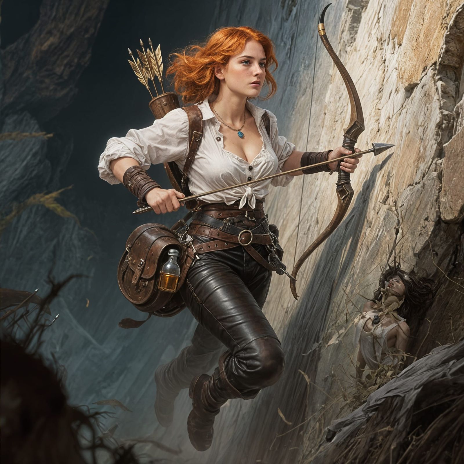Ginger Adventuress Ascending Crumbling Wall, Fantasy Art