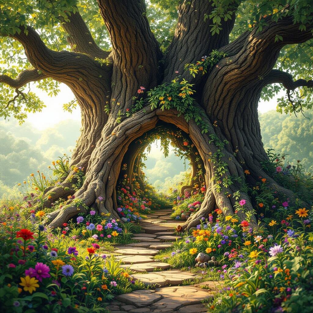 Lush Garden Inside Ancient Oak Tree