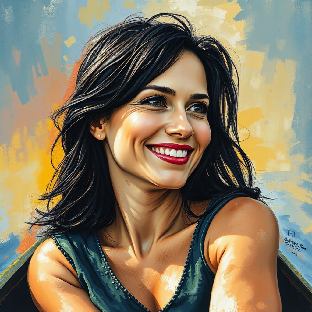 Smiling Woman in Boat: Gouache and Watercolor Charcoal Drawi...