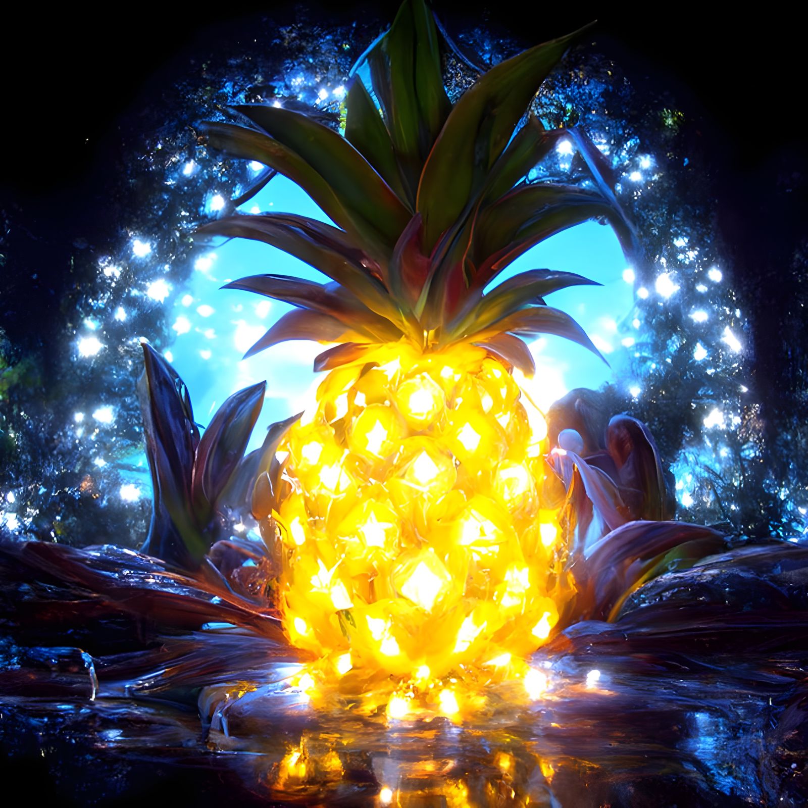 Enchanted Neon Crystal Pineapple with Fireflies
