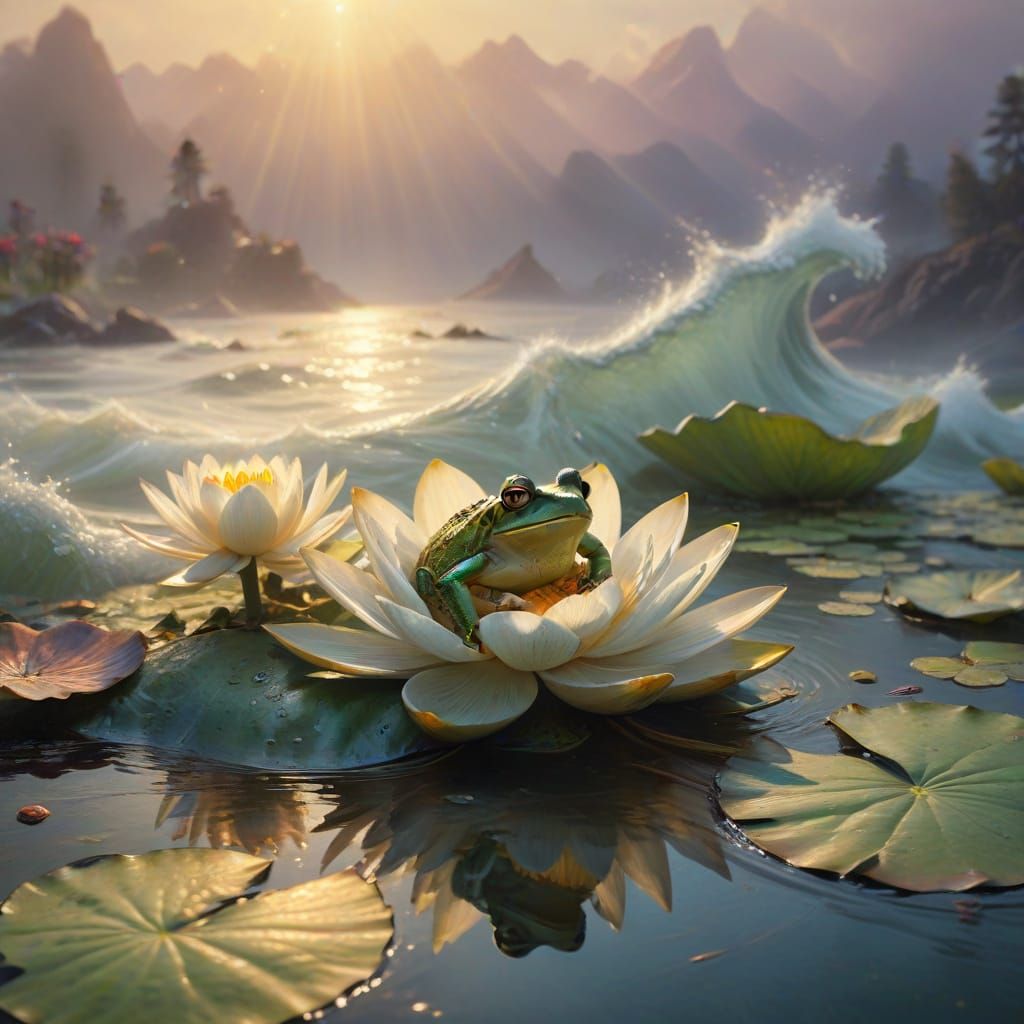 Frog Surfer Riding a Water Lily Pad on a Majestic Wave in Et...