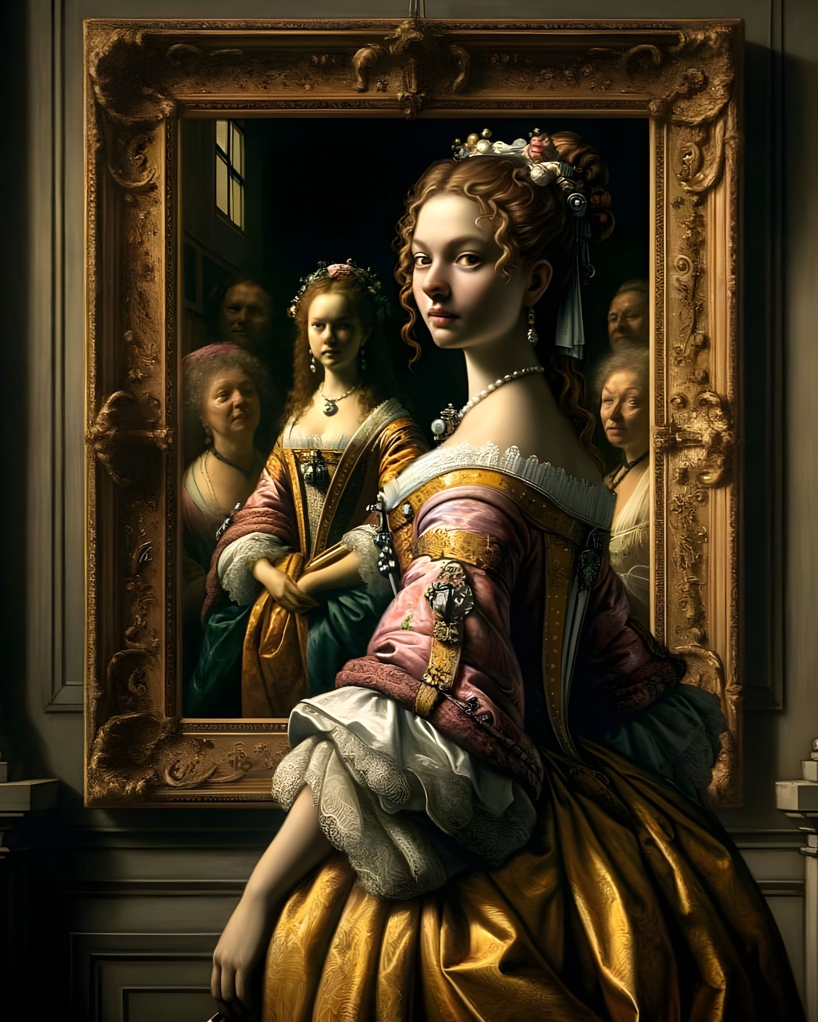 Royal Woman in Baroque Palace with Las Meninas Inspired Art