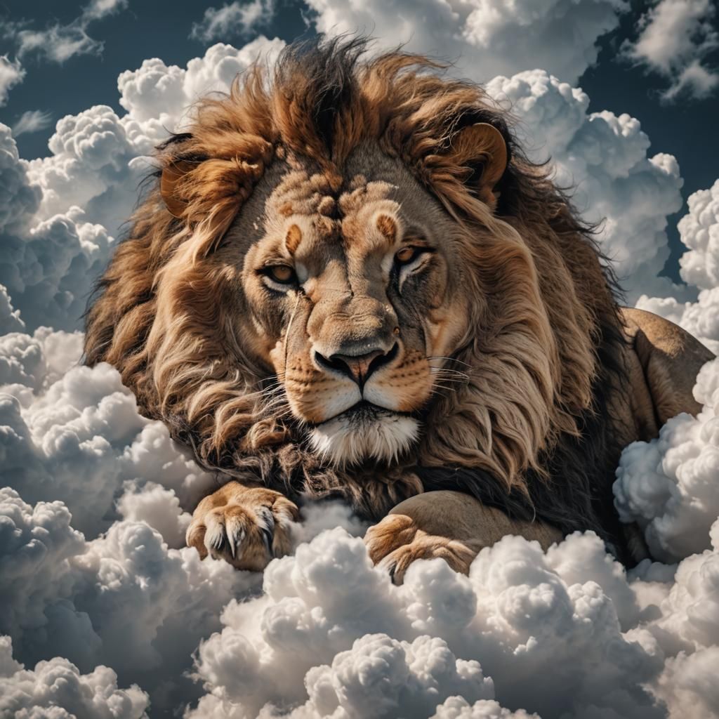 Hyperrealistic Lion Napping on Clouds