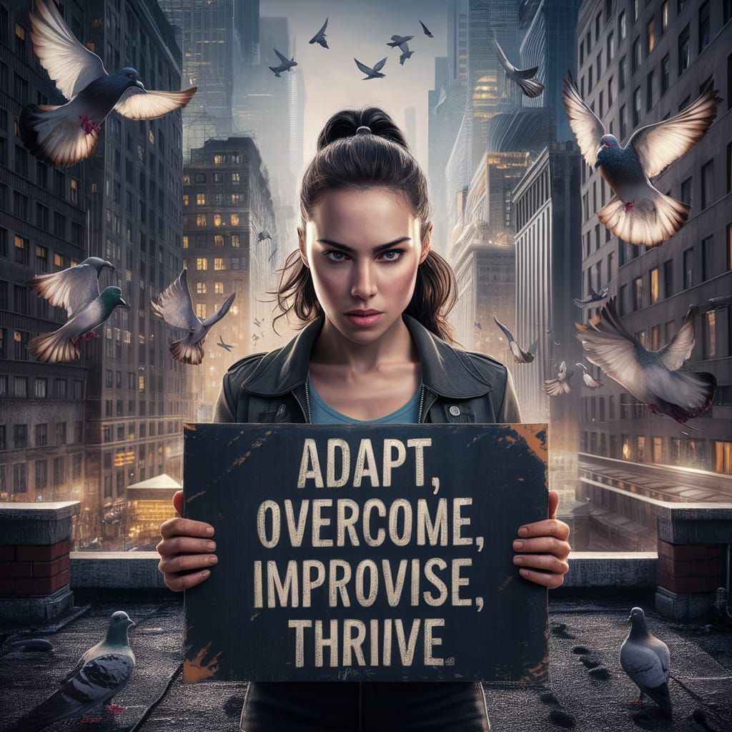 Resilient Woman Overlooking Cityscape at Night