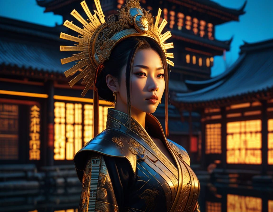 Cyberpunk Chinese Empress Portrait with Neon Watermill