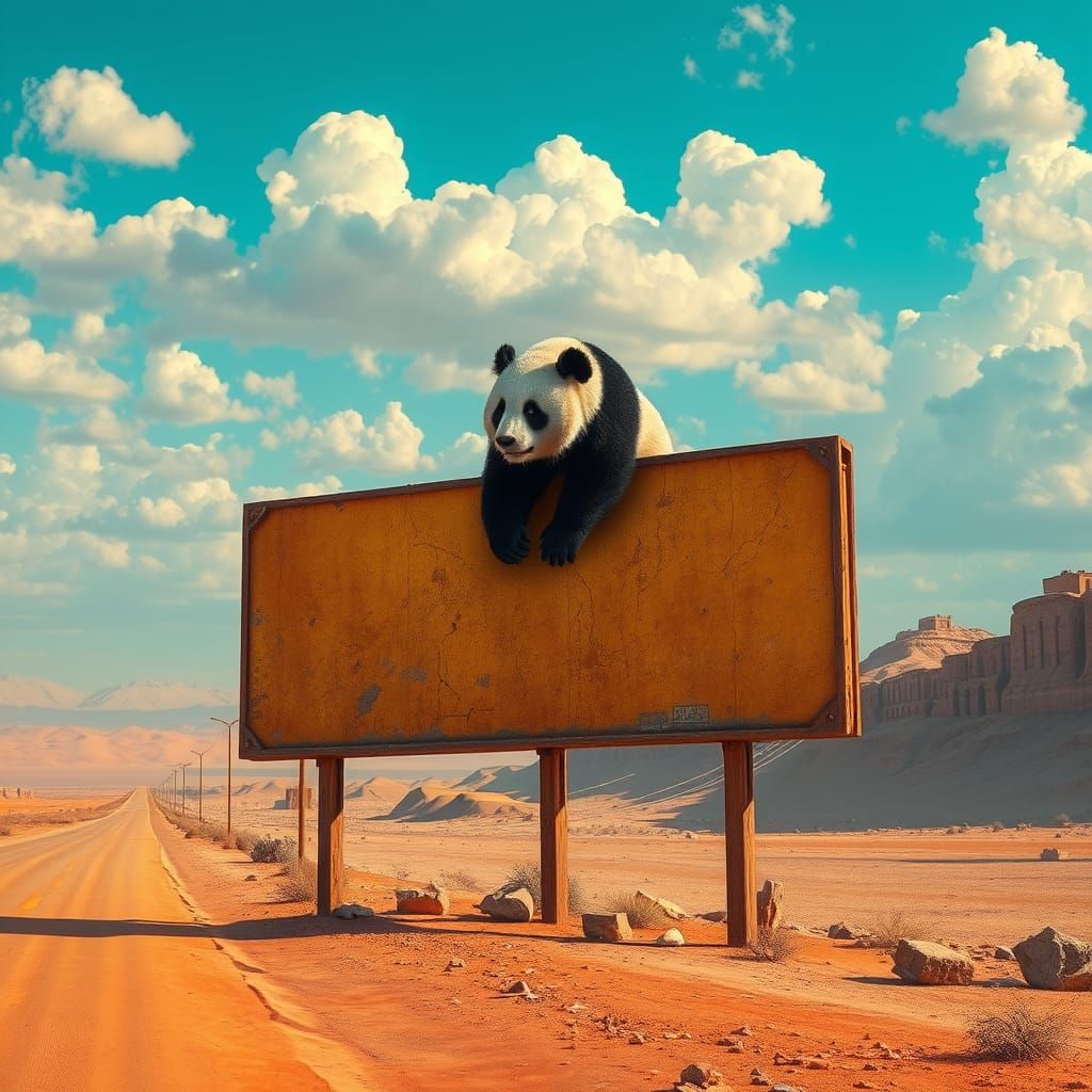 Majestic Panda Sits atop Ancient Billboard in Vibrant Desert...