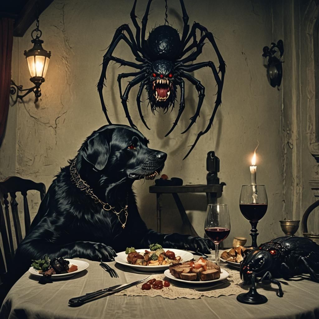 Sinister Encounter: Black Dog and Widow Dine in Darkness