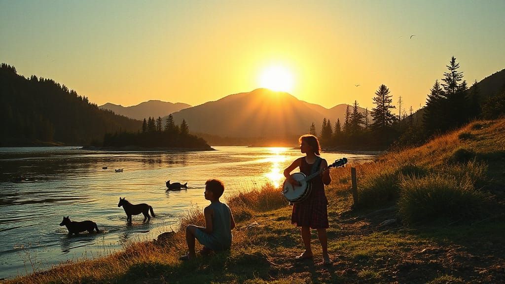 Nostalgic Childhood Serenity: Mountains, River, and Campfire