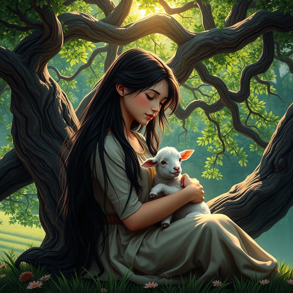 Young Shepherdess Under Majestic Tree with Adoring Lamb