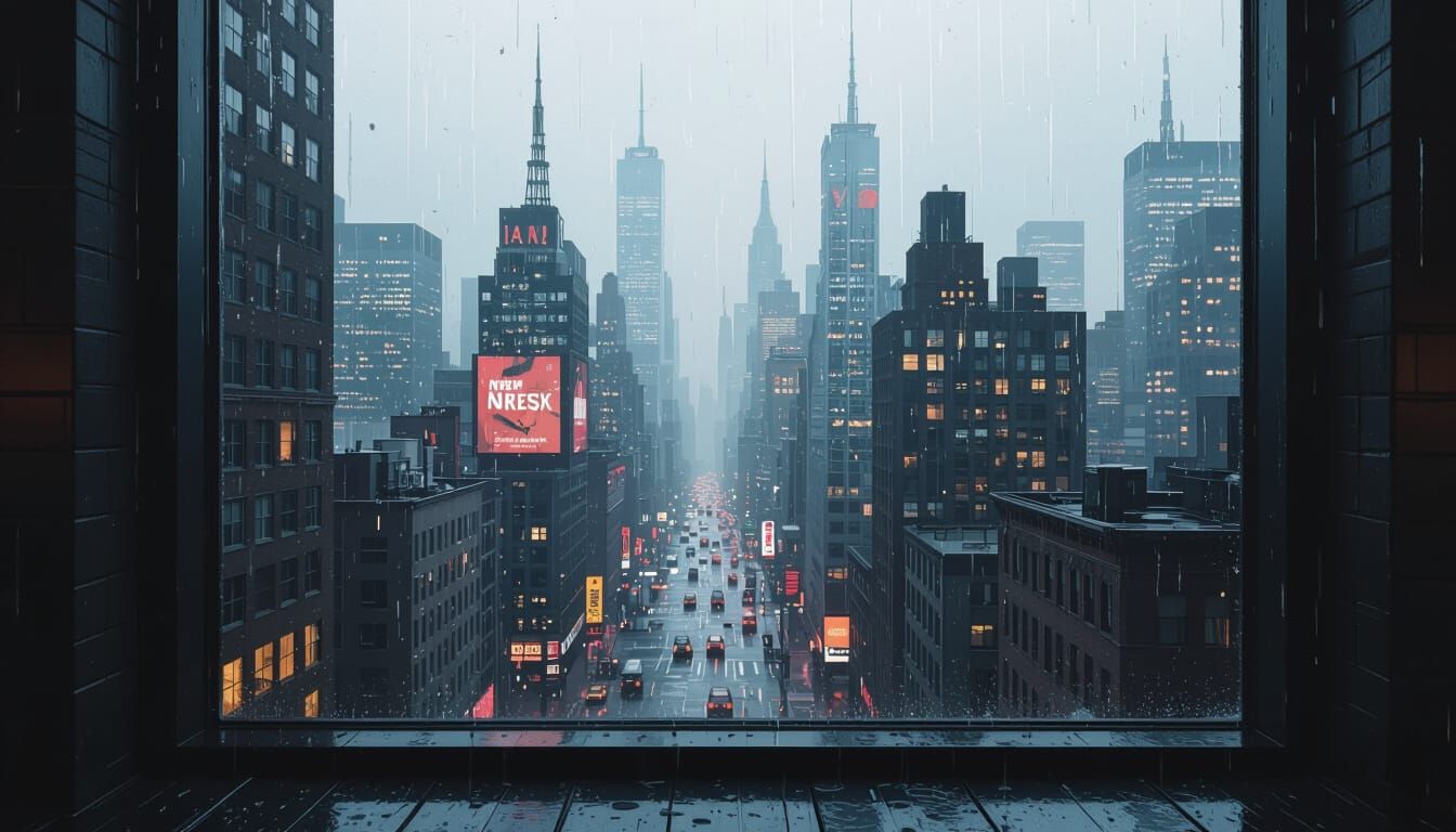 Futuristic New York Cityscape Through Rainy Window