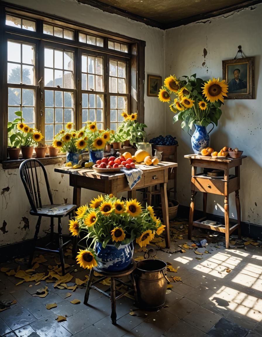 Sunflowers in Copper Bucket by Window, Magical Realism